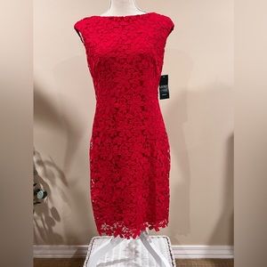 NWT Ralph Lauren Red Dress w/flower like applicate pattern. Size 4.